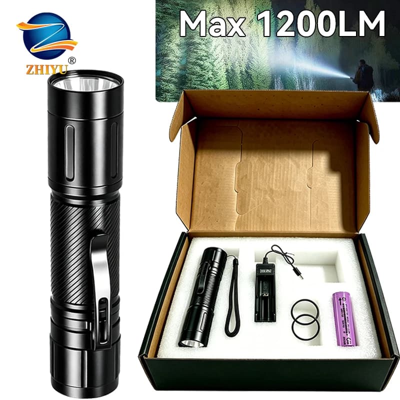 Torcia LED a fuoco fisso da 1200LM, potente faretto con clip da borsa, lampada frontale, torcia impermeabile per esterni, utilizza batteria esterna 21700