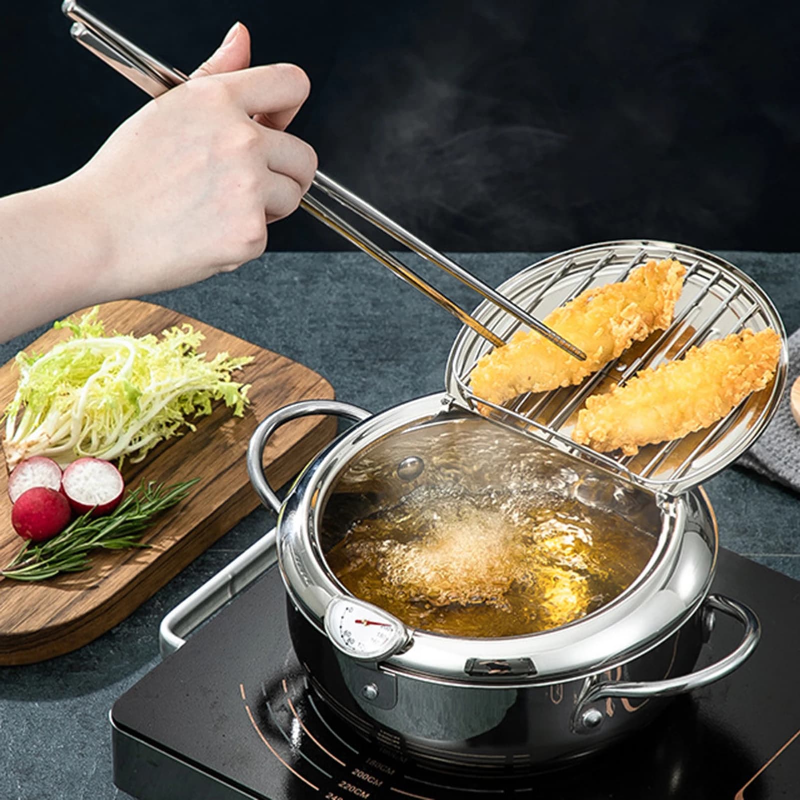 Stainless steel frying pot with temperature regulator Large and versatile kitchen pot for family picnic