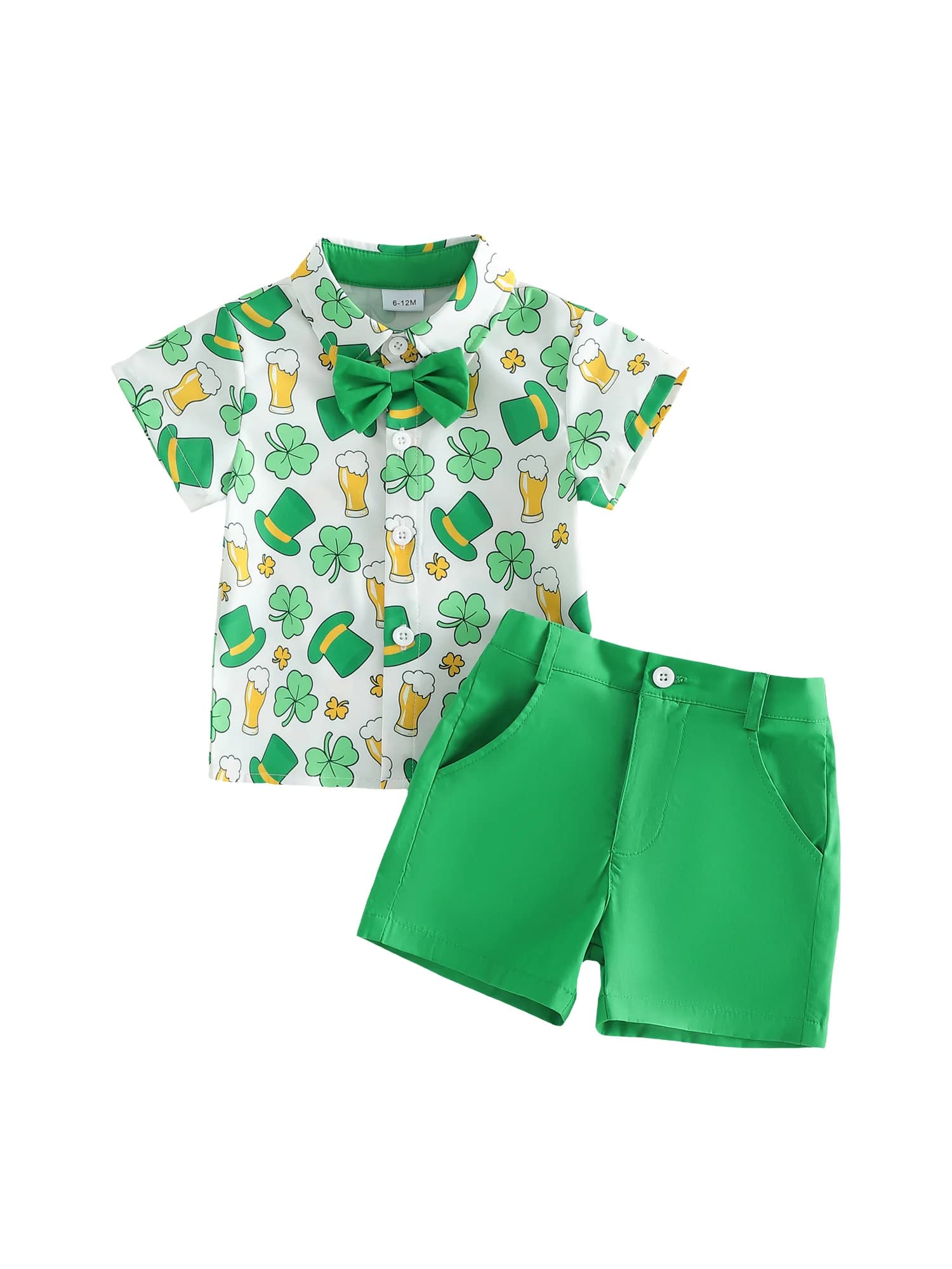 Set di abiti per il giorno di San Patrizio per ragazzi, camicia a maniche corte con bottoni sul colletto e stampa a trifoglio e pantaloncini in tinta unita abbinati
