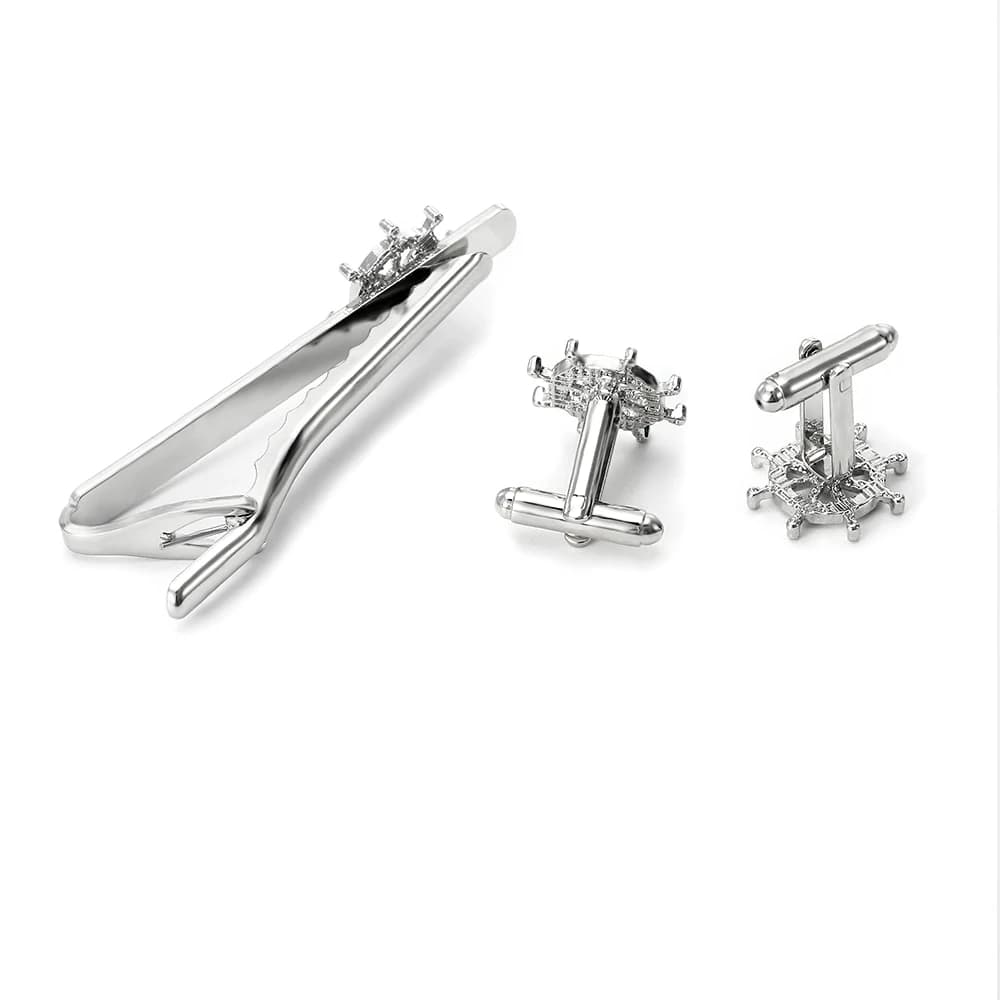 Classic Mens Ship Anchor and Rudder Shaped Cufflinks&Tie Clip Set Boat Crew Mariner Formal Jewelry