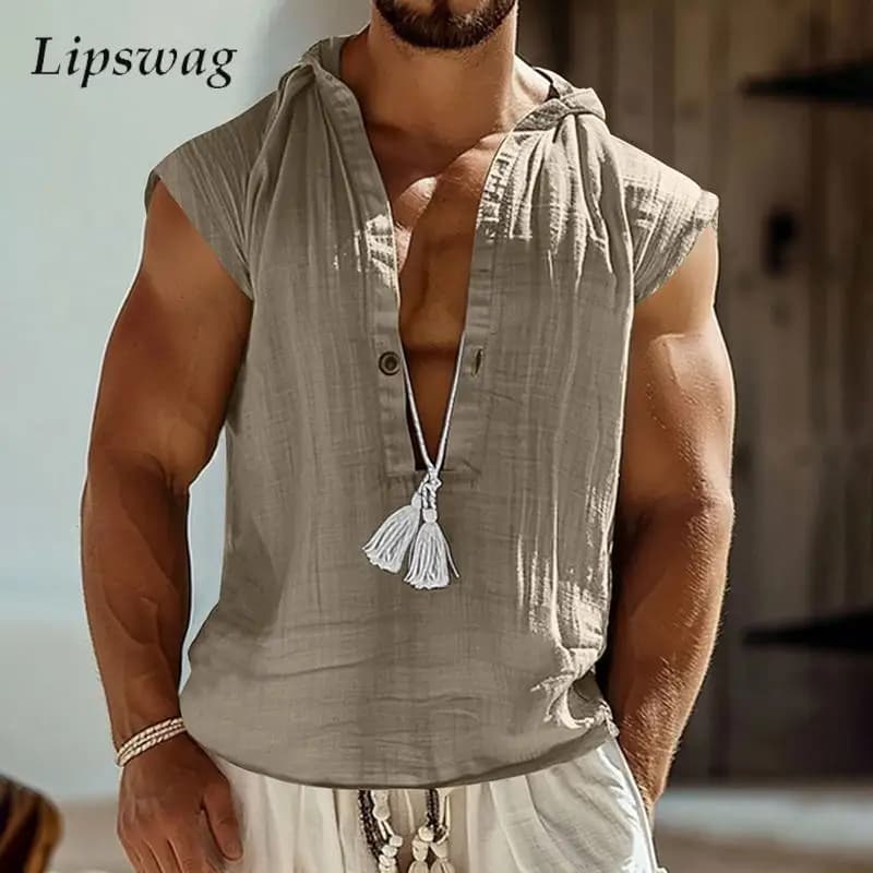 Nuova camicia casual da uomo con cappuccio allentata per il tempo libero quotidiano estivo canotta in lino traspirante da uomo camicie vintage senza maniche con scollo a V profondo