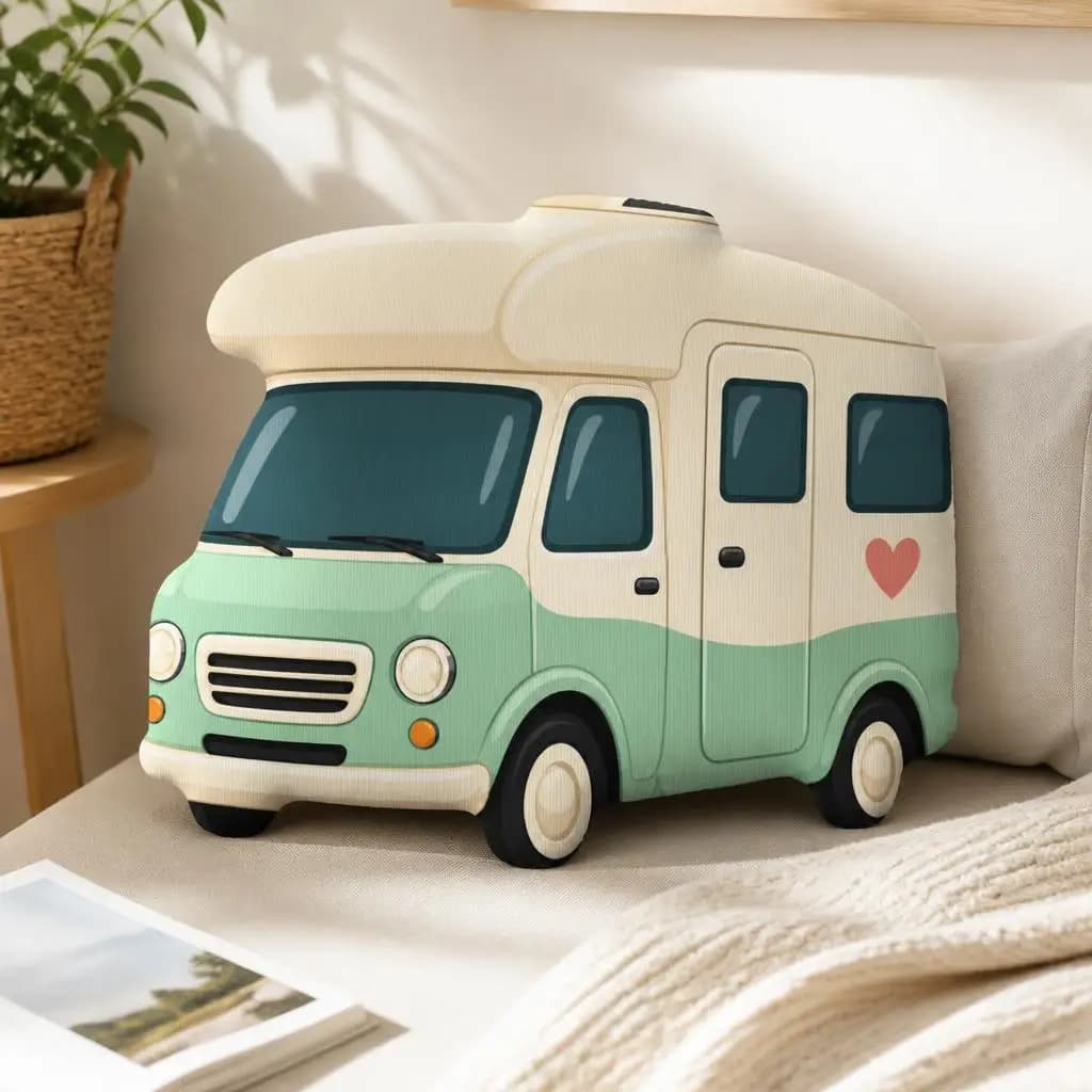 Mint Green Irregular Camper Van Plush Pillow Retro RV Cushion Road Trip Throw Pillow Heart Travel Gift for Camper Lovers
