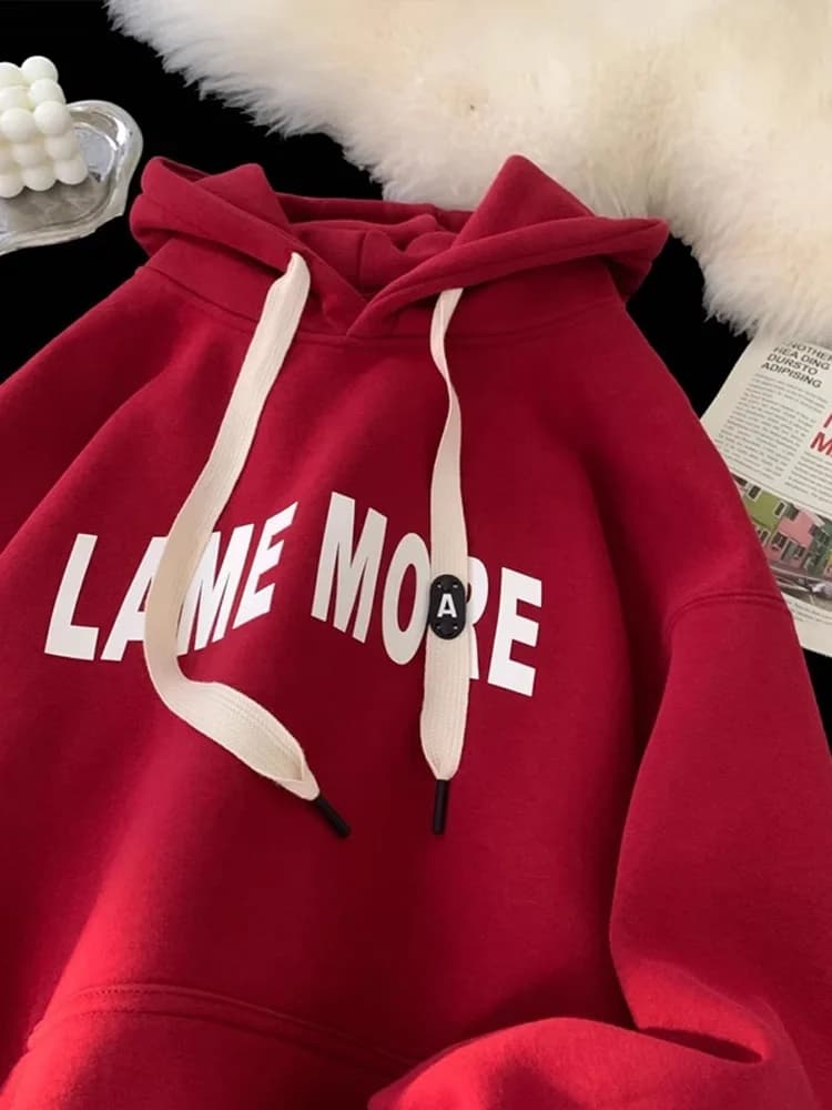 Cherry Red Fleece Lined Hoodie Men's Autumn Winter Heavyweight Cotton Polyester Casual Loose Fit Ant Wrinkle Processing