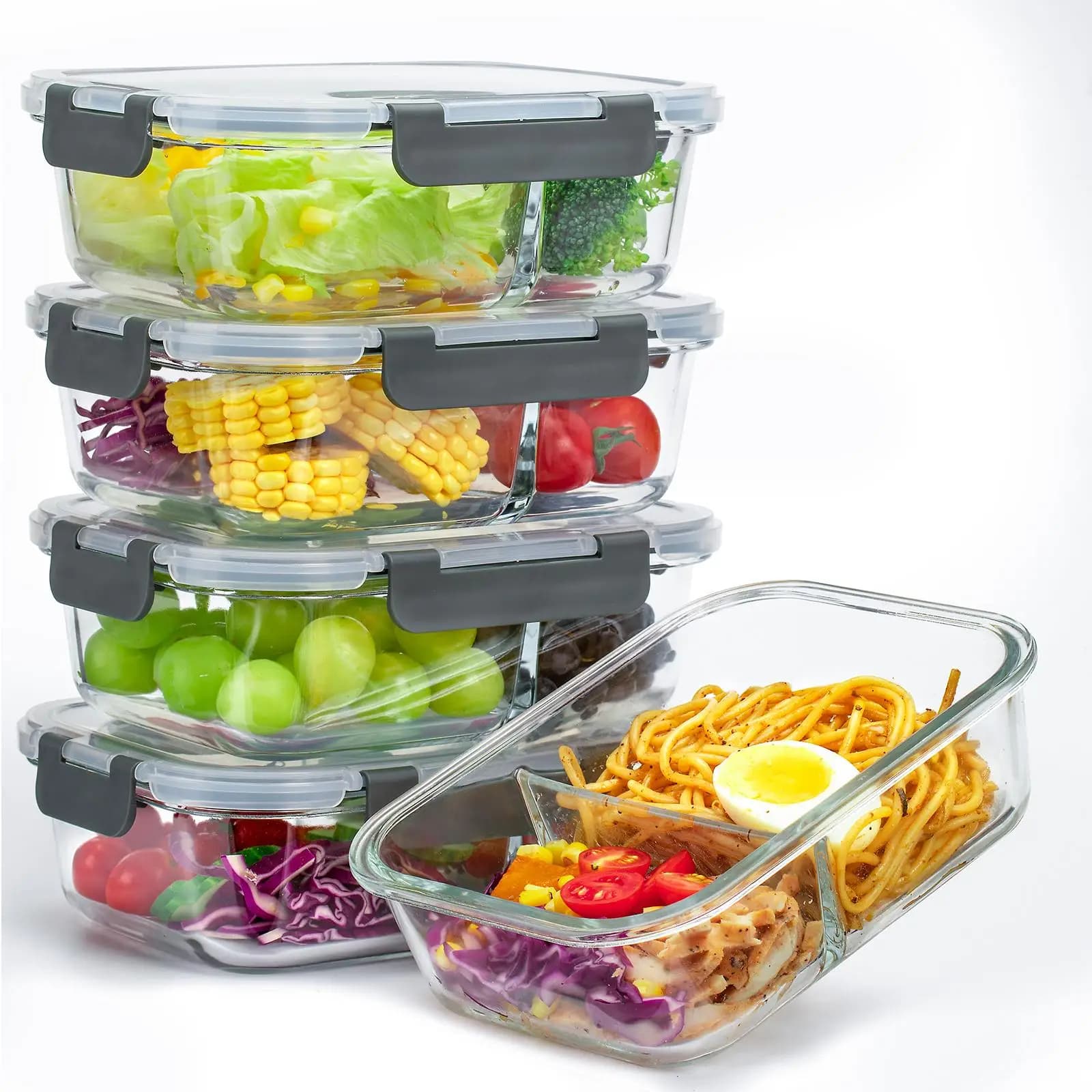 Set di 5 Contenitori in Vetro per Preparazione Pasti (36 Oz) con 2 Scomparti, Controllo Porzioni e Coperchi con Chiusura Ermetica Migliorata, Contenitori in Vetro per Alimenti