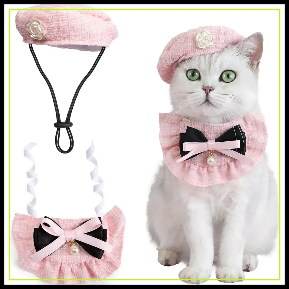 Set 2 Pezzi: Cappello Berretto per Gatti con Piccola Camelia, Foulard Bandana Regolabile con Fiocco in Raso, Costume per Animali Domestici per Halloween, Natale, Feste di Compleanno per Cani e Gatti (Fiocco Rosa)