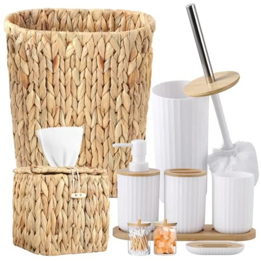 Set di Accessori per il Bagno 10 Pezzi in Vimini con Cestino, Porta Fazzoletti, Vassoio, Dispenser Sapone, Portasapone, Portaspazzolino