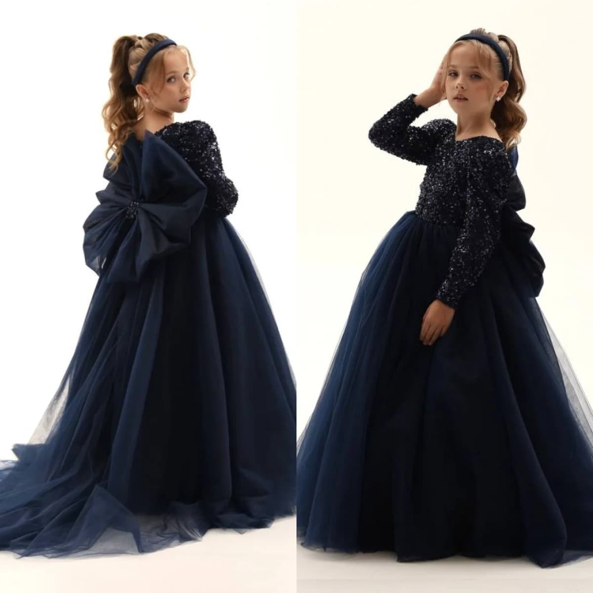 Abiti da ragazza di fiore blu scuro scuro con fiocco sul retro Abiti da festa di compleanno per bambina Abiti da prima comunione per bambini con paillettes personalizzati