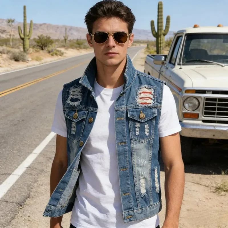 Gilet in Denim Slim Stile Coreano per Uomo, Giacca Senza Maniche Ricamata, Gilet Casual alla Moda Personalizzato