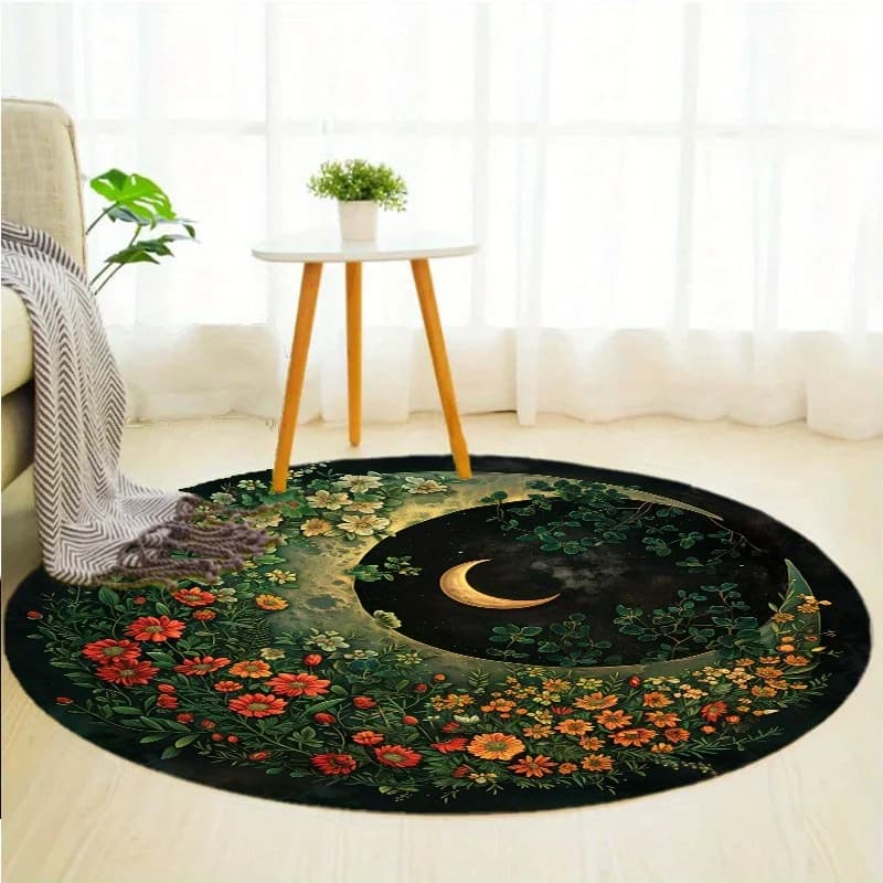 Moon and Flowers Round Area Rug, Celestial Floral Non Slip Circle Carpet, Washable Living Room Bedroom Mat