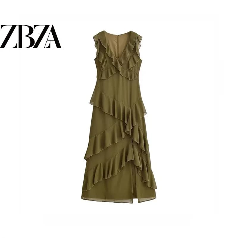 Fashionable Deep V-Neck Sleeveless Dress with Lace Trim Design Casual Style Polyester Material H-Shaped Slimming Fit for Women