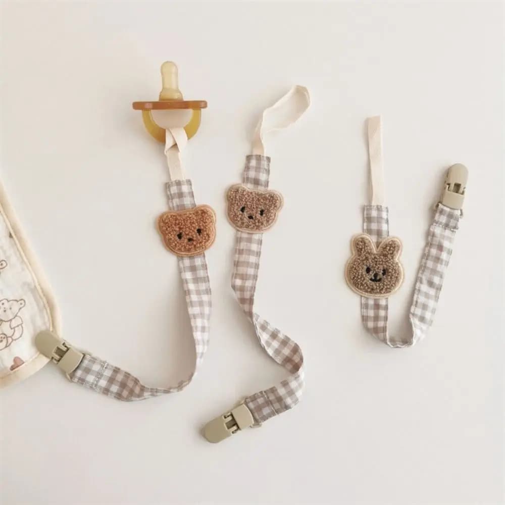 Catenella Portaciuccio in Tessuto Ricamato per Neonati, con Orsetto e Motivo a Reticolo, Cinghie Regolabili per Ciuccio e Massaggiagengive, Clip Porta Tettarella per Bambini