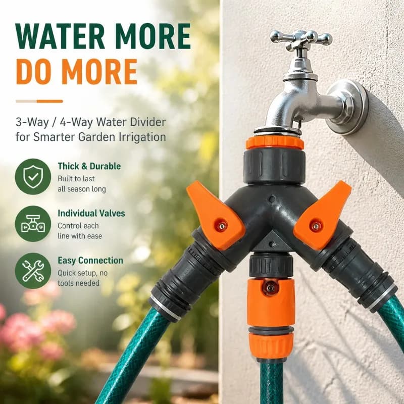 Divisore d'Acqua a T in ABS Rinforzato a 3 Vie con Valvola, Connettore Rapido a 4 Vie in PVC per Adattatore Tubo Irrigazione Giardino