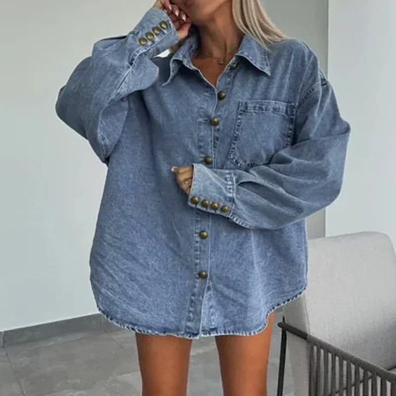 Women's Mini Shorts Uneven Sexy Two Piece Set New Long Sleeved Shirt with Spring Rise Women's Dress Denim Dress with Fashionable Office Buttons