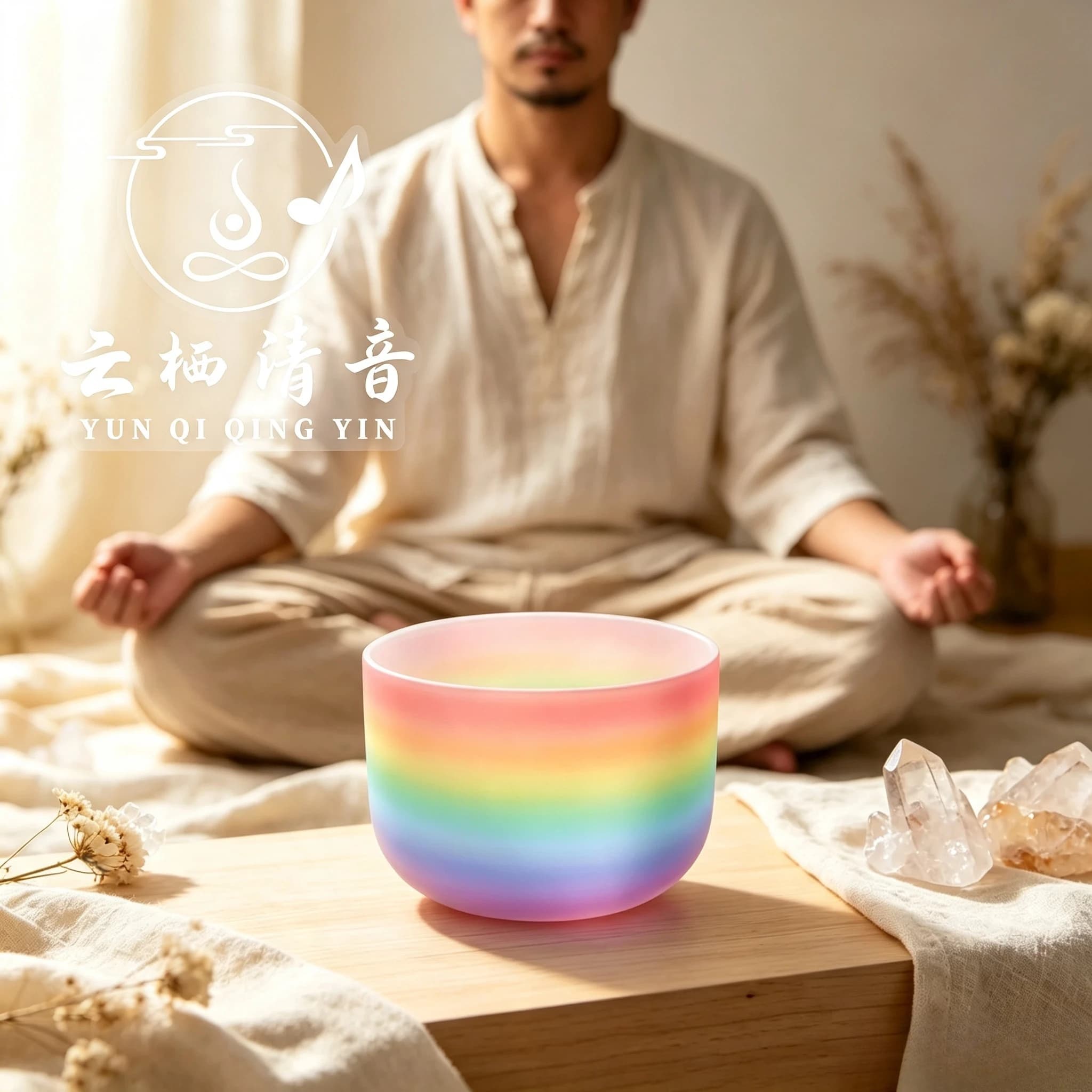 Yunqiqingyin Rainbow Coated Crystal Singing Bowl 432Hz 440Hz Chakra Balancing Yoga Meditation Sound Healing Vibration Instrument