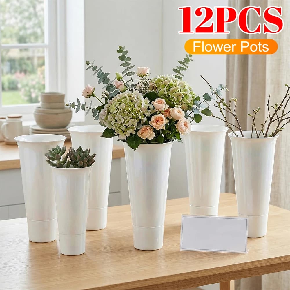 Set of 12 White Plastic Conical Vases, Plant Supports, Large Jars for Flowers, Home Planters, Patio, Balcony and Garden
