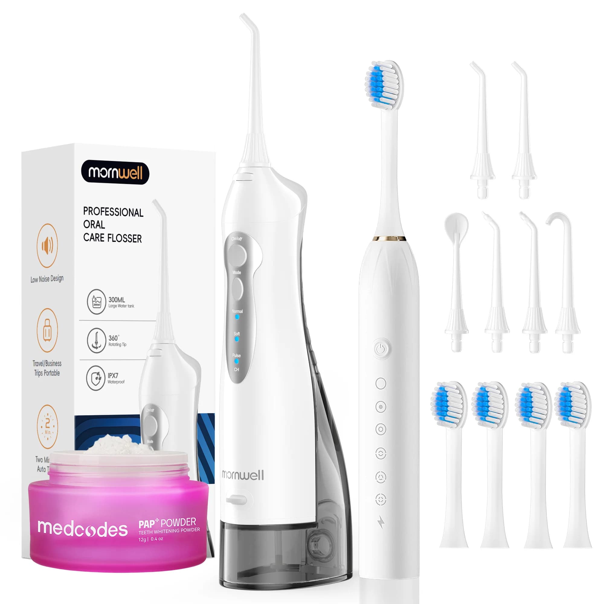 Mornwell D52 & X3 Portable Washer with Electric Brush Combo: 2-in-1 Kit for Oral Cleaning of Tooths, Orthodontic and Gengive Equipment