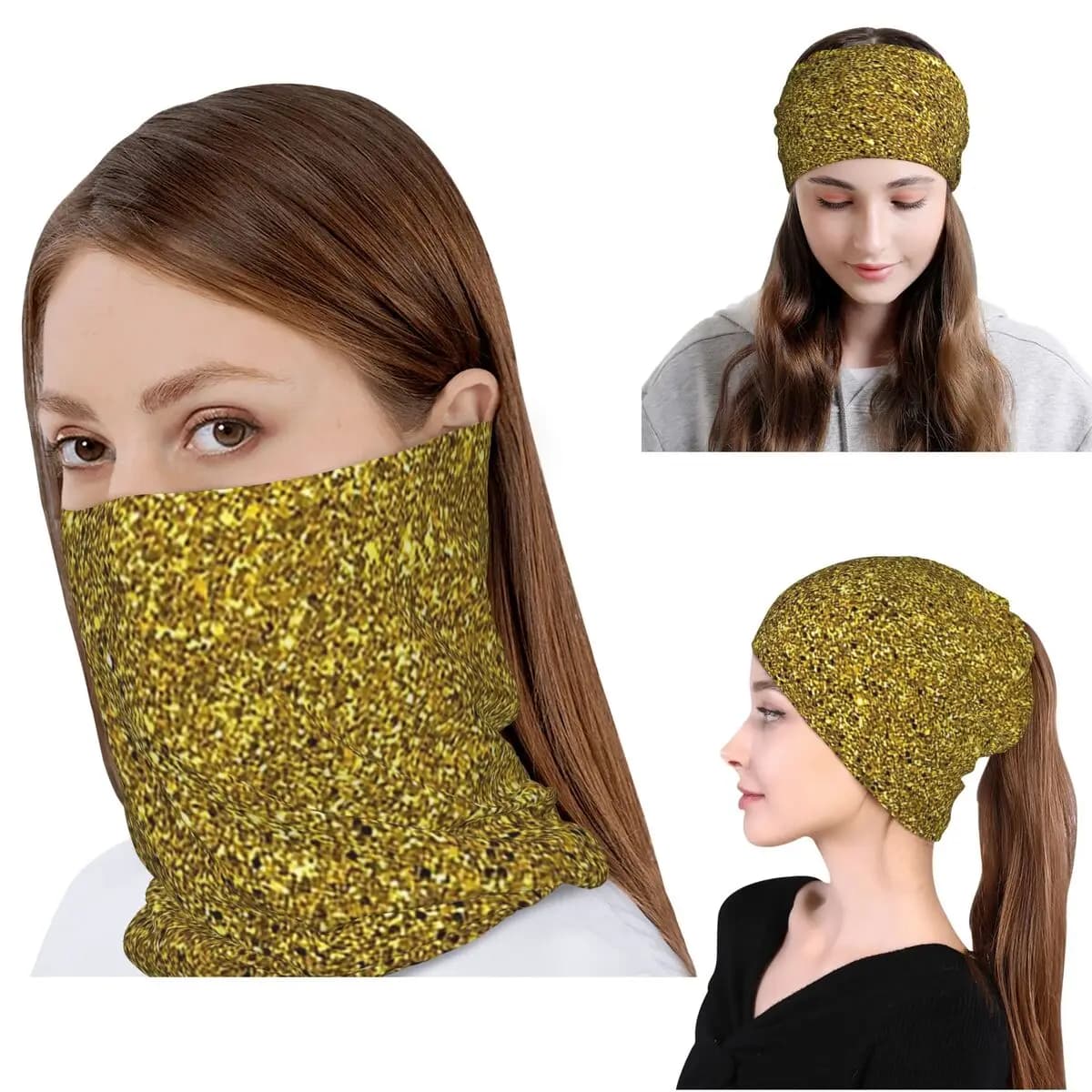 Sciarpa Bandana Multifunzione con Glitter Dorati, Maschera Scaldacollo, Cappello Beanie Unisex Antivento per Adulti