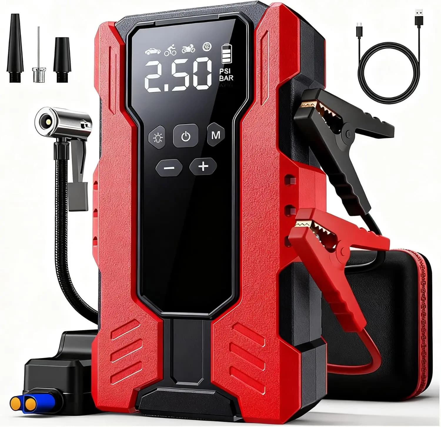 Avviatore di emergenza per auto 8 in 1 con compressore d'aria, 6000 A, 150 PSI, Power Bank 39800 mAh, luci a LED, cavo Smart Clip