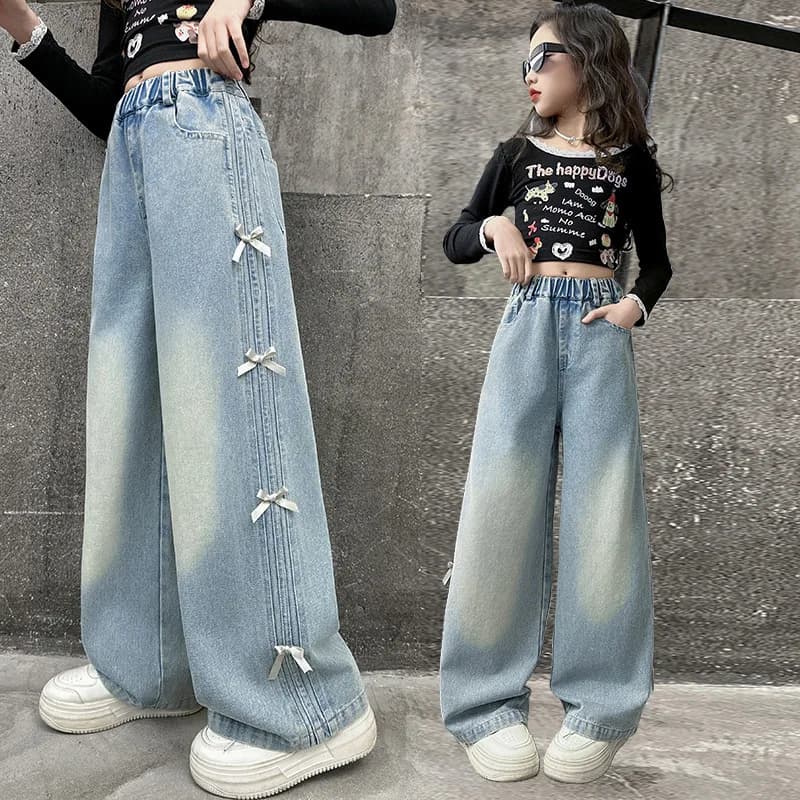 Jeans larghi per bambini primavera autunno con striscia laterale con fiocco Tweens Pantaloni casual in denim per ragazza Pantaloni streetwear per bambini Vendita calda