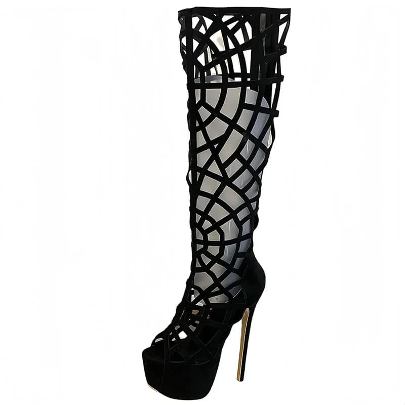 17cm Stiletto Heels Knee High Boots Sexy Open Toe Platform Shoes Black Hollow Out Long Boots Woman Plus Size 42 Summer Shoes
