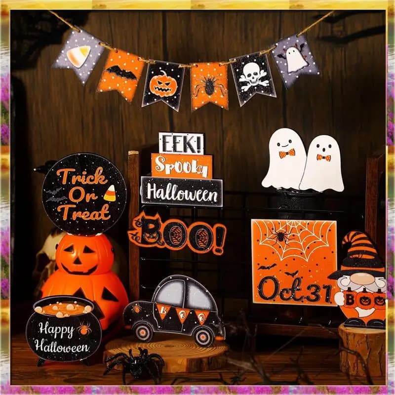 ABSU Set di decorazioni per Halloween Cartello carino Fantasma Decorazione a blocchi di legno Simpatiche cartelli in legno di Halloween