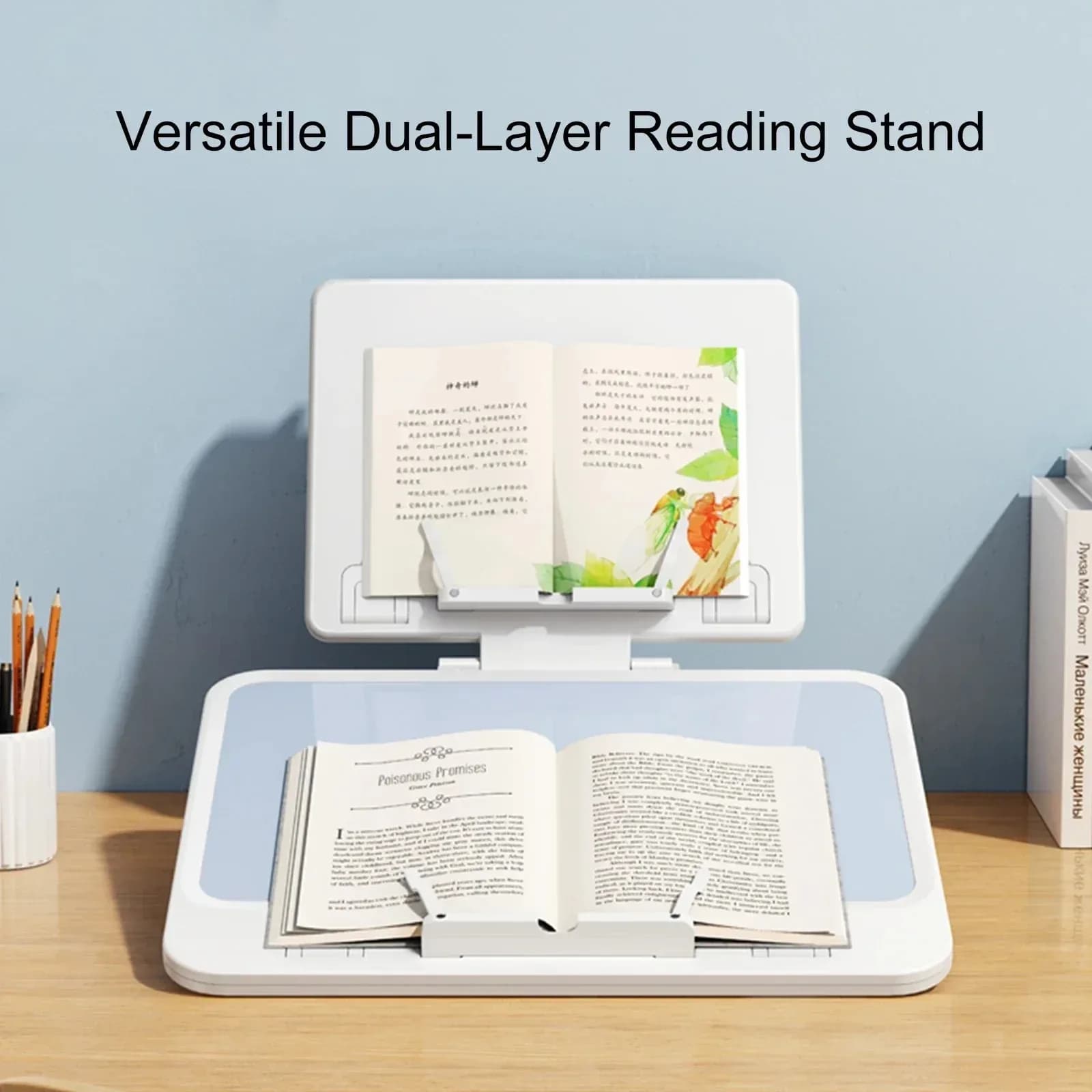 Supporto per libri per l'orecchio per la lettura Supporto per libri da tavolo pieghevole a doppio strato con clip per pagine per laptop iPad Galaxy Tabs MacBook Bibbia