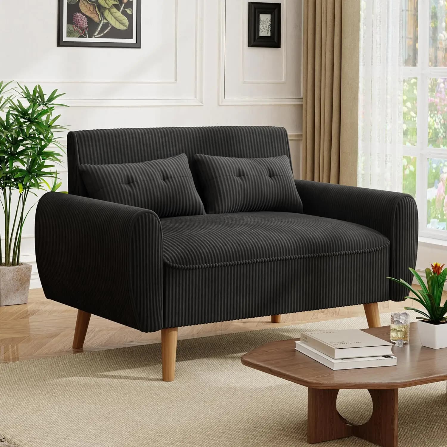 Divano a Due Posti Compatto da 47'', con Gambe Affusolate, Rivestimento in Tessuto Nero, Struttura in Legno Massello, Personalizzabile