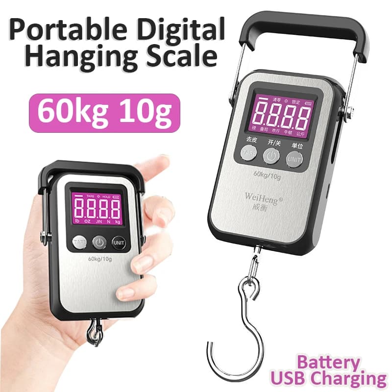 Bilancia digitale portatile 60kg 10g Bilancia elettronica per bagagli Batteria/Ricarica USB LCD Gancio sospeso Bilancia Bilancia