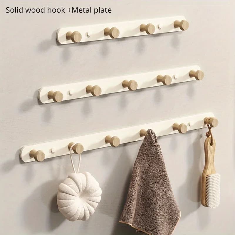 Solid Wood Wall-Mounted Multi-Hook Clothes Hanger With Metal Plate - Easy Install, Casual Style For Various Occasions