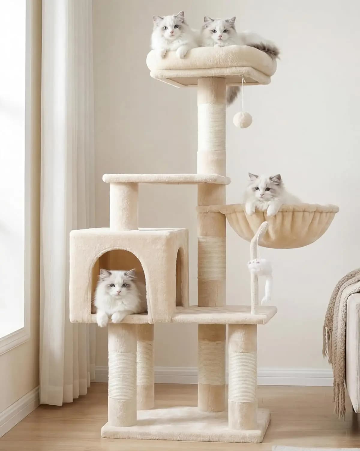 Albero per Gatti con Giocattolo, Torre per Gatti da Interno, Cuccia Morbida, Amaca Accogliente e Tiragraffi, Beige
