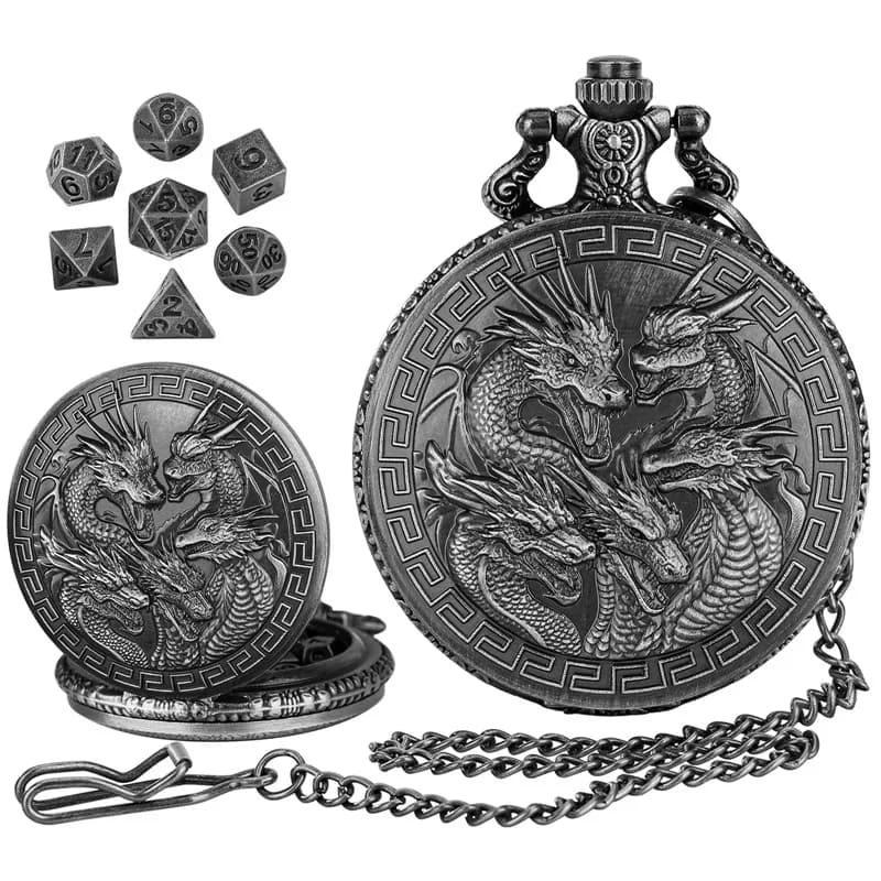 Steampunk Five Dragon Head Case for Pocket Watch Chain Fob 7 Pieces Small Metal Polyhedral Dice Set of Table Role Games Accessories