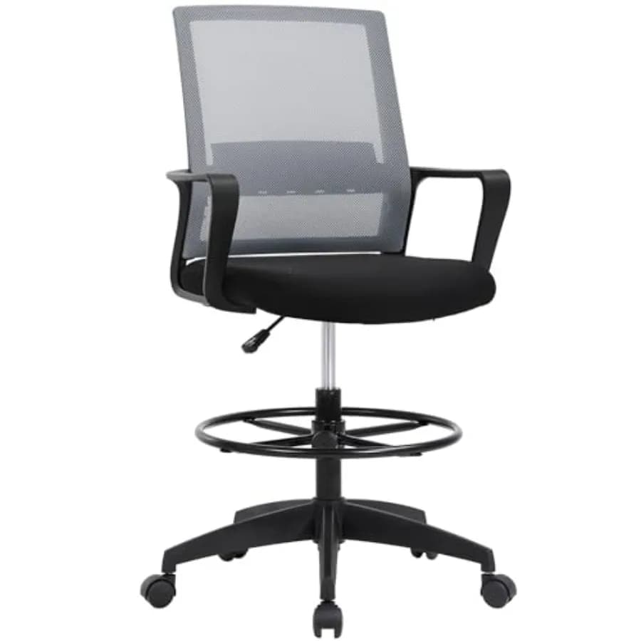 Sedia da Disegno Ergonomica Girevole con Rotelle, Schienale Medio, Supporto Lombare, Braccioli e Poggiapiedi, Regolabile in Altezza, per Adulti