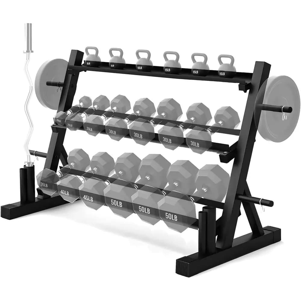 Rack Porta Pesi Regolabile a 3 Livelli con Porta Piastre Laterali - Organizzatore per Palestra Domestica per Manubri, Kettlebell e Bilancieri