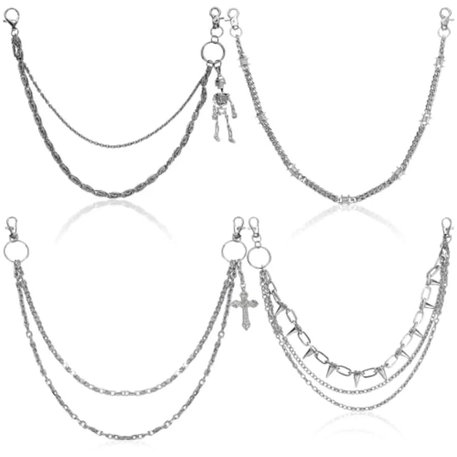 4 Pcs Punk Layered Pants Chain for Women Men Silver Goth Hip Hop Skull Biker Cross Skeleton Wallet Jeans Pocket Chain Belt Deco