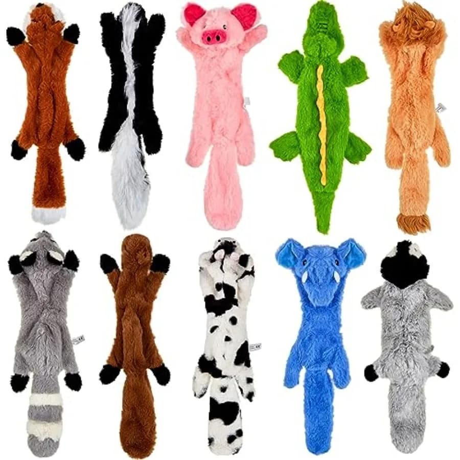 Confezione da 10 Giocattoli Sonori per Cani Senza Imbottitura, Giocattoli da Masticare in Peluche a Forma di Animali, Giocattoli Sonori per Cani con Effetto Sfrigolante, Giocattoli Durevoli Senza Imbottitura per la Dentizione dei Cuccioli