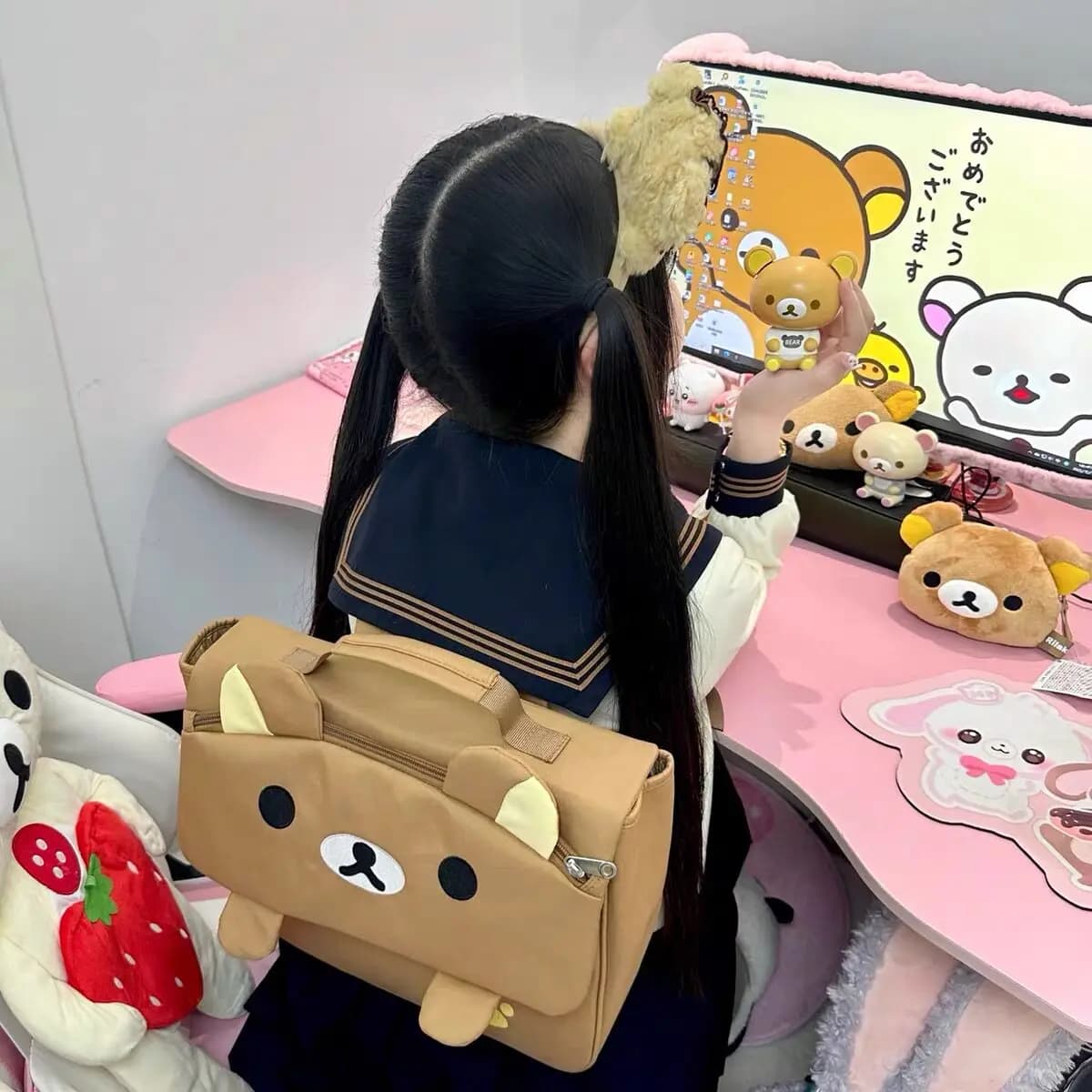 Zaino Orsetto Cartone Animato Giapponese Carino Antimacchia Borsa Uniforme Ricamata Versatile per Studentesse Morbida Zaino Scolastico
