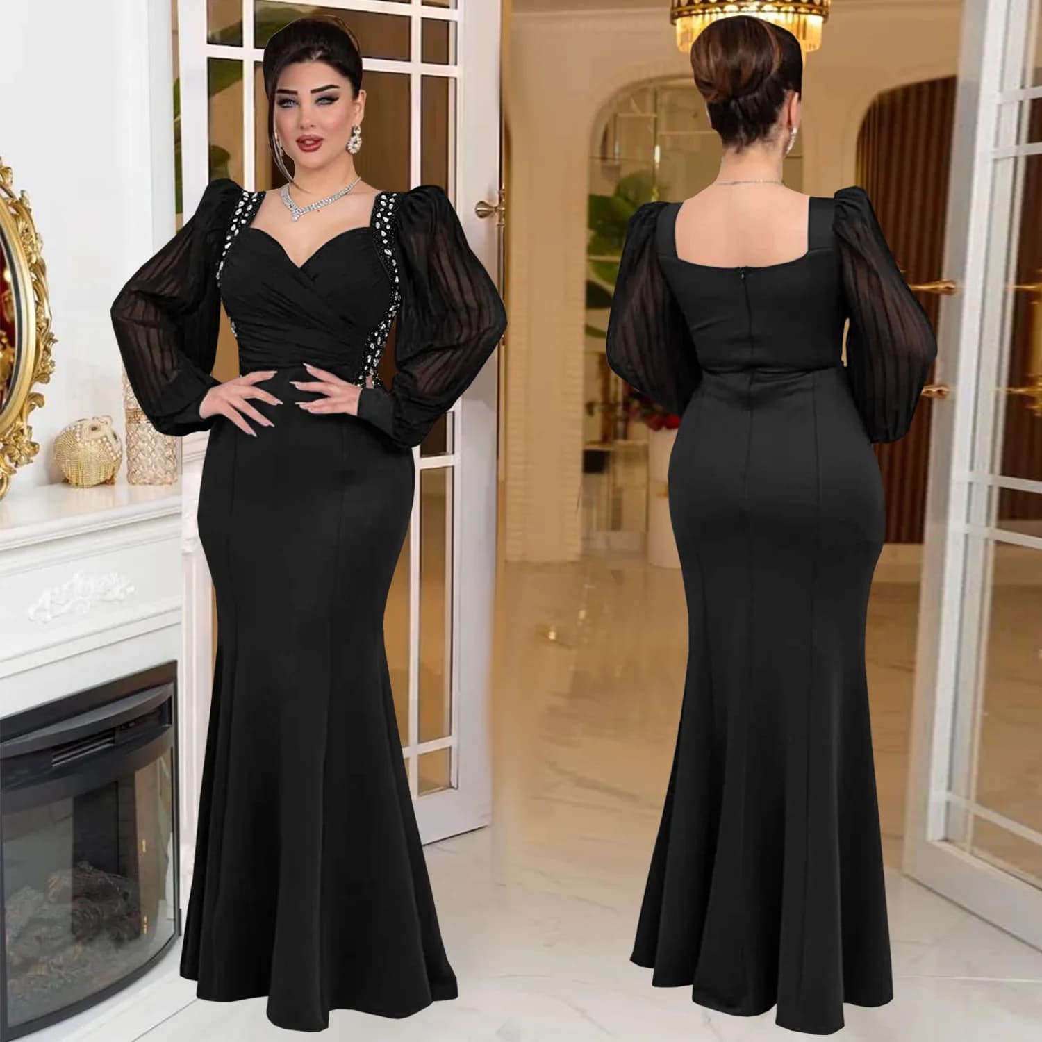 Abito da donna moda autunno 2025 Temperamento tinta unita Vita nascosta Abito a coda di pesce a maniche lunghe con diamanti caldi