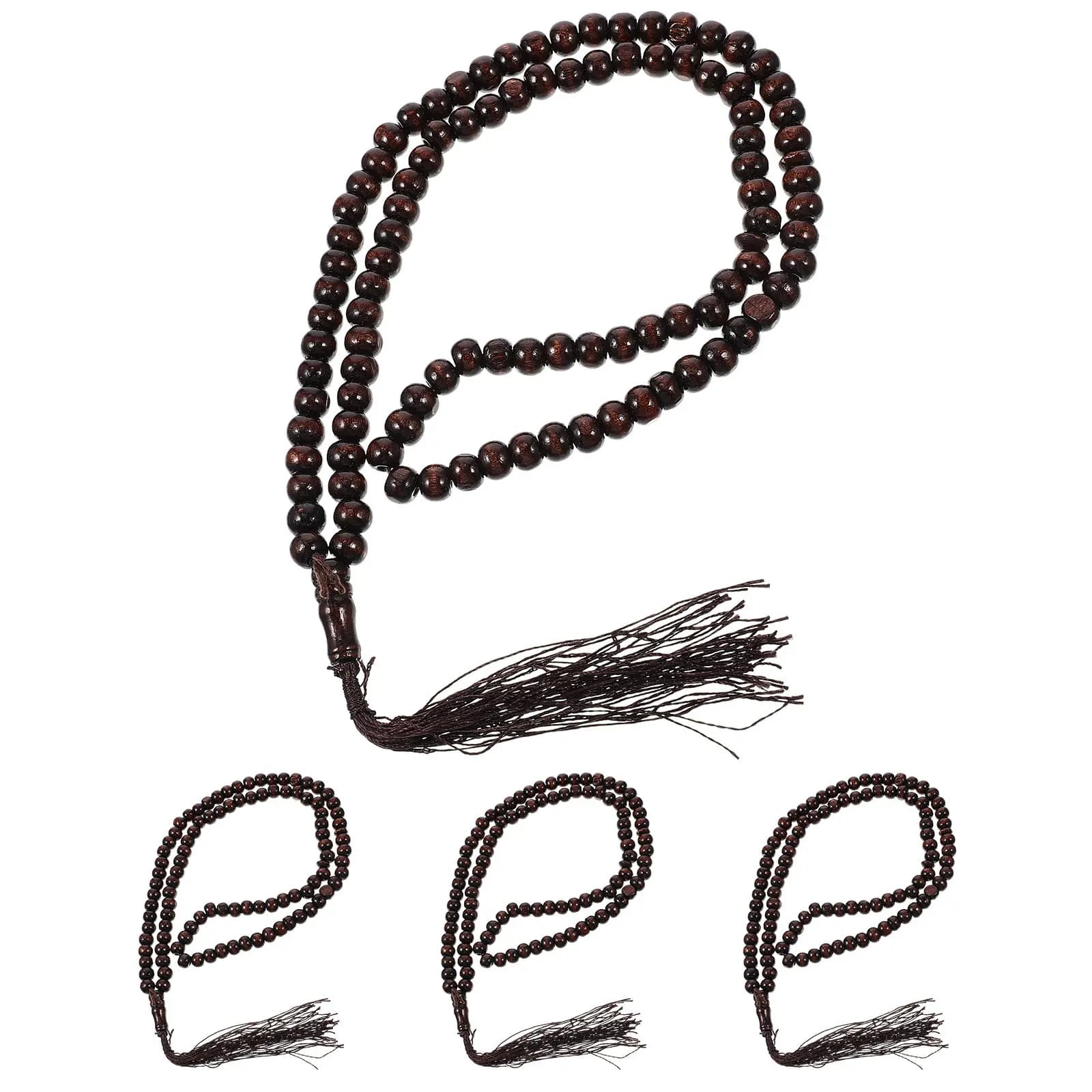 Set di 4 Braccialetti con Perline Musulmane in Legno Naturale, Nappine e Rosario per Pellegrinaggio e Preghiera