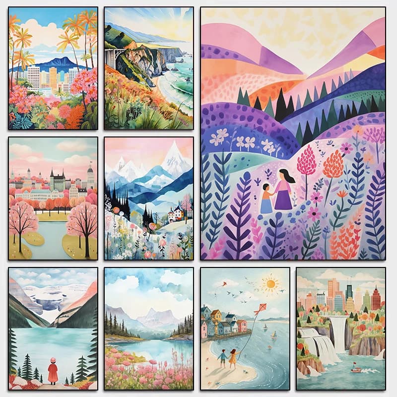 Watercolor Romantic Beach Scene Seaside Luxury Town Bridge Scenery City Poster Diamond Painting Wall Art Pictures Bedroom Deco