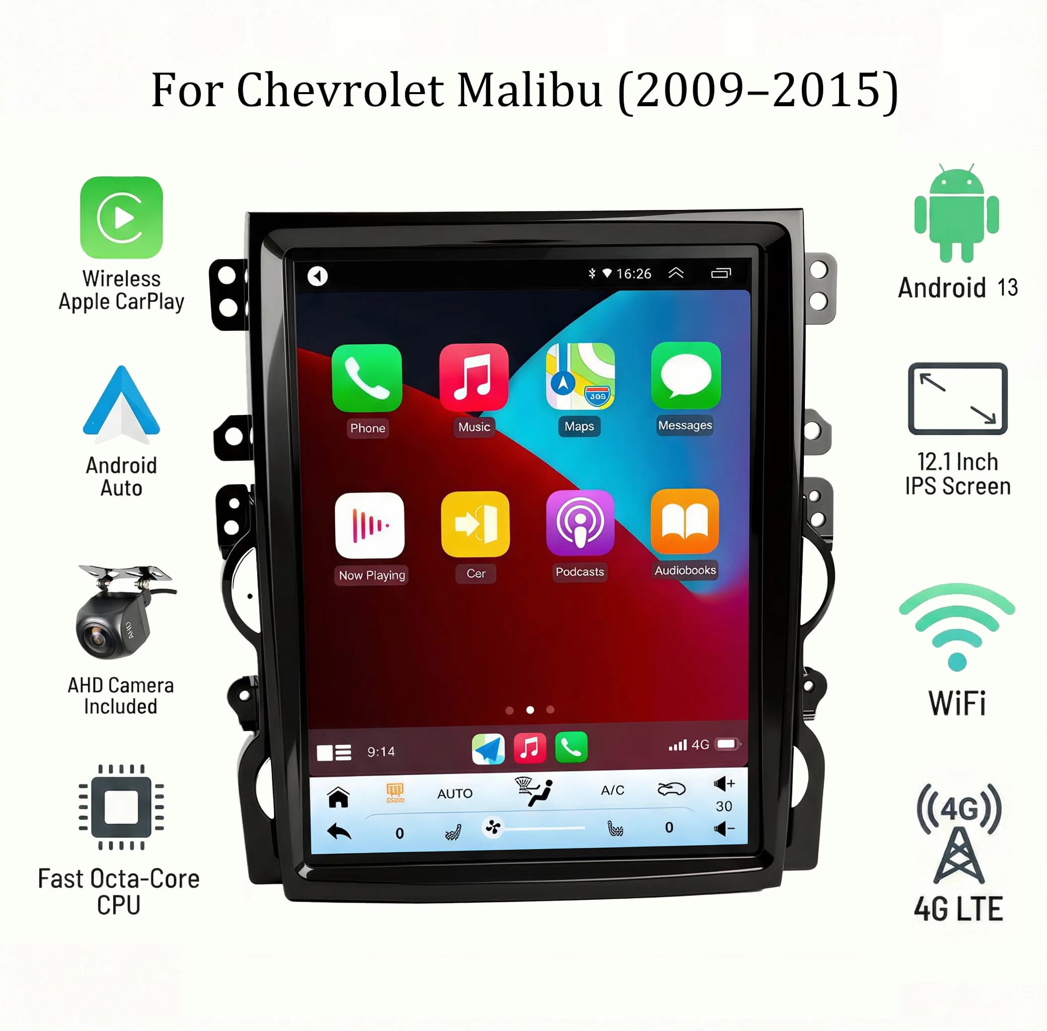 Autoradio Verticale da 12.1" per Chevy Malibu 2009-2015, CarPlay Wireless, Android Auto, GPS, Navigazione, Comandi al Volante, A/C, Telecamera AHD, DSP