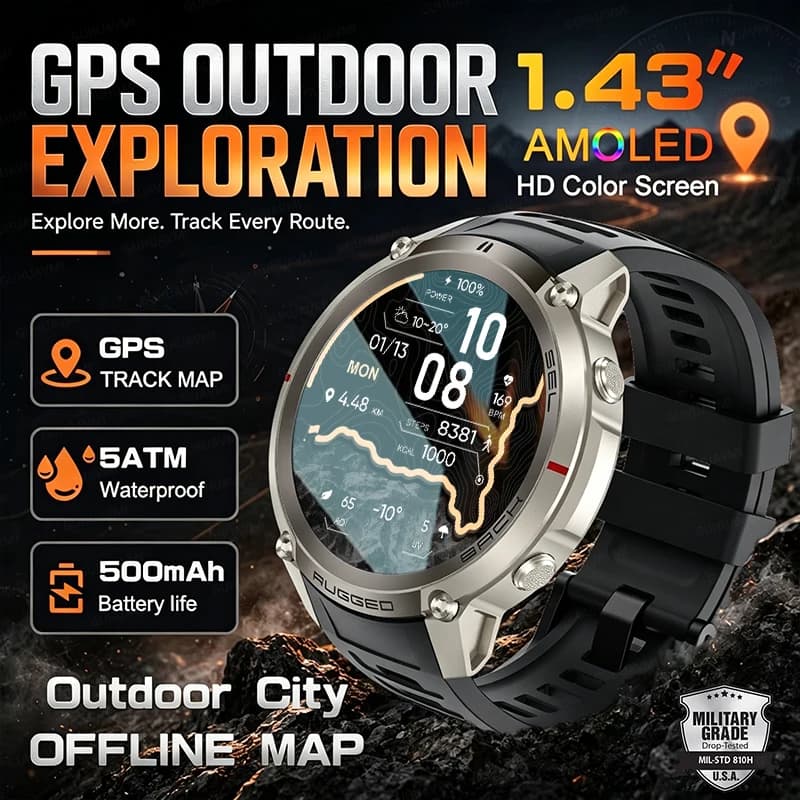 Professional Outdoor GPS Navigation Smart Watch Built-in Offline Map Compass Altimeter 5ATM Waterproof Swim Dive Sport Watch Man