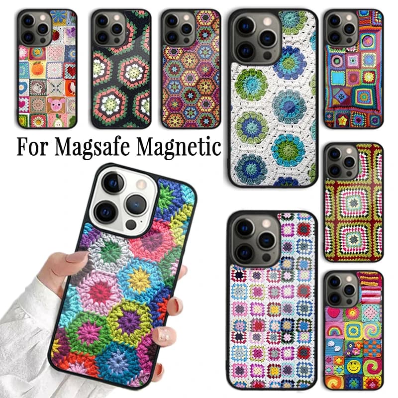 Cover per telefono all'uncinetto Granny Square per iPhone 17 16 15 14 13 12 11 Pro Max Plus Magnetica per Magsafe