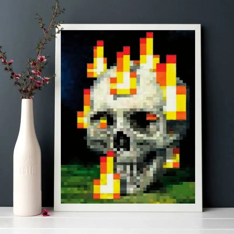 1 pezzo di poster su tela con teschio e fiamme con pixel vibranti - Stampa artistica senza cornice per camera da letto, ufficio, arredamento per soggiorno, arredamento con teschio