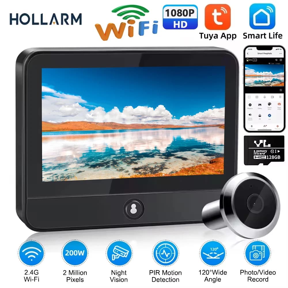 Hollarm Smart WiFi Radar Visualizzatore digitale Telecamera per porta Tuya Peepholes Videocitofono da 4,3 pollici Campanello 1080P PIR Visione notturna Rilevazione di movimento