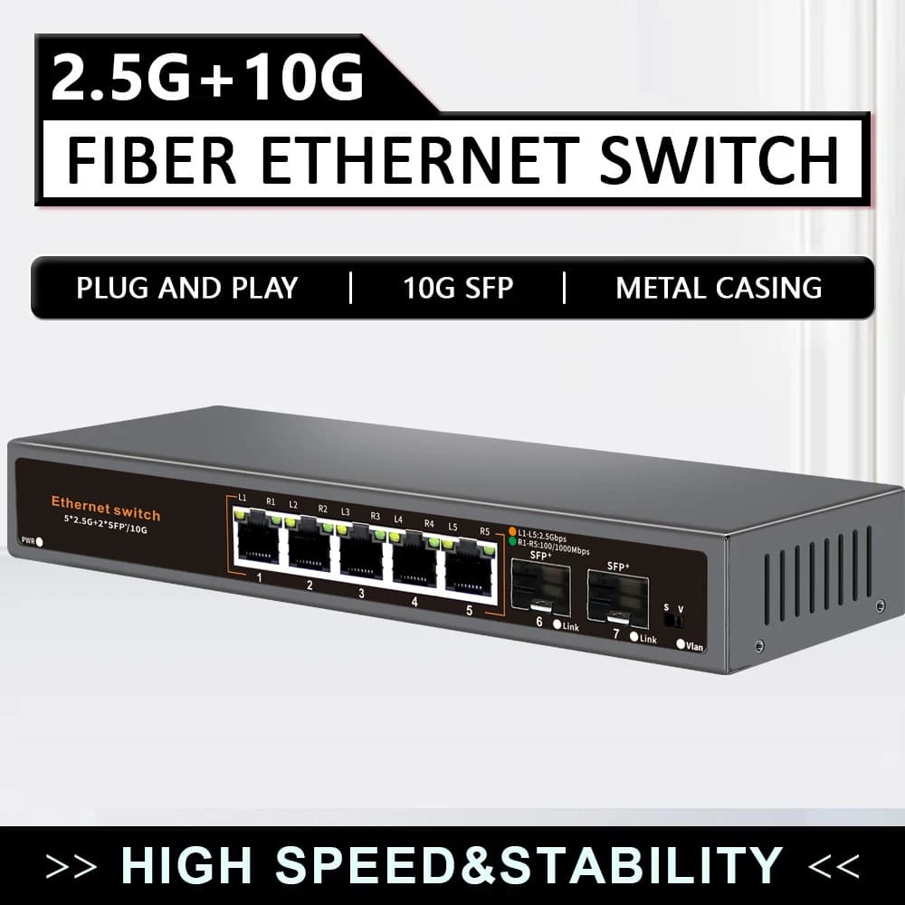 Switch Ethernet 2.5G a 5 porte Switch Gigabit RJ45 2.5G con porta SFP 2*10G per hub in fibra ottica Lan Ethernet di sicurezza per telecamera/CCTV