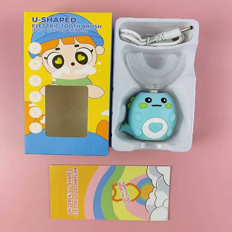 Spazzolino elettrico sbiancante portatile in silicone con design a cartoni animati per bambini, strumento per la pulizia orale a 360 gradi senza mani.