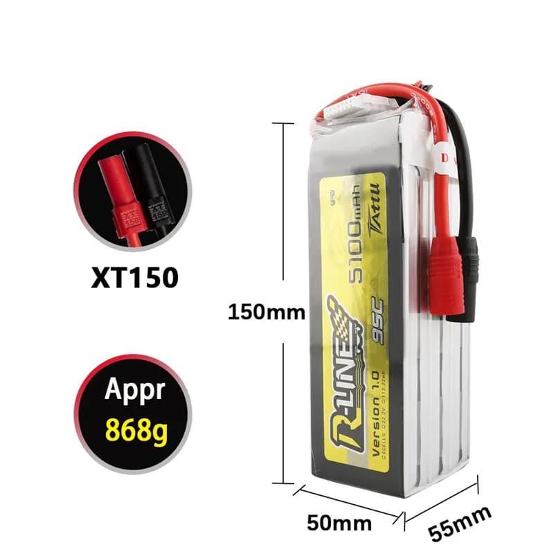 Batteria al litio TATTU 22.2V 5100mAh 95C 6s con connettore AS150 per elicotteri RC, quadricotteri e droni da corsa FPV