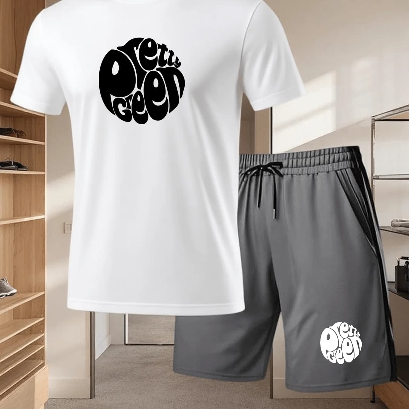 Mens Polyester Knit Two Piece Set Letter Print Tee Loose Shorts Breathable Sportswear For Running Workout Daily Wear