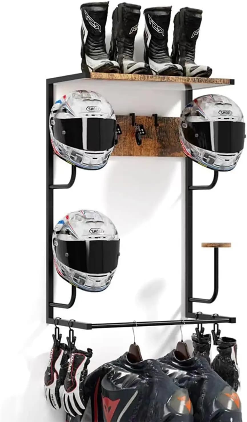 Motorcycle Helmet Holder, Wall Mounted Helmet Rack 4 Glove Chips & 4 Hooks Helmet Hanger for Motorcycle Bike Baseball Rugby Helmets, Gear, Clothes, Accessori