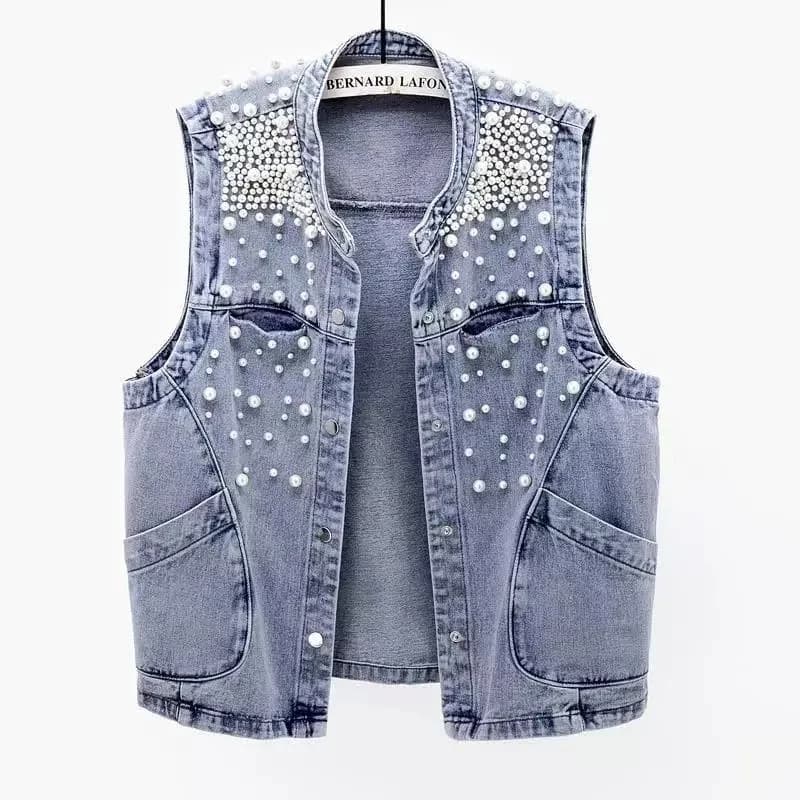 2023 nuova estate donna gilet di jeans con perline cappotto senza maniche top corto Streetwear giacca di jeans gilet moda coreana